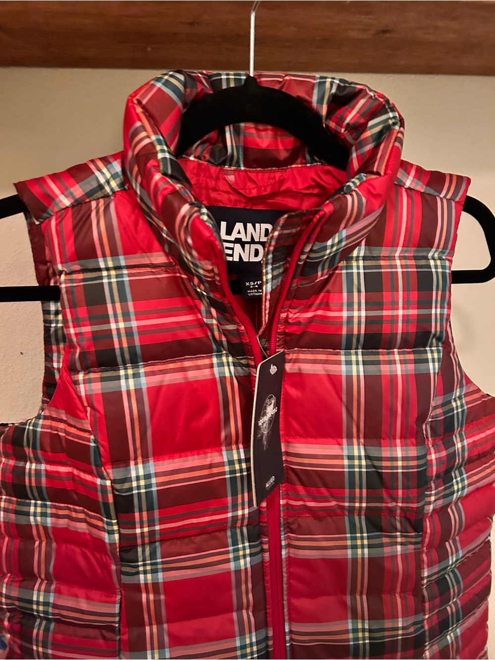 NWT Lands' End Holiday Red Plaid Puffer Vest